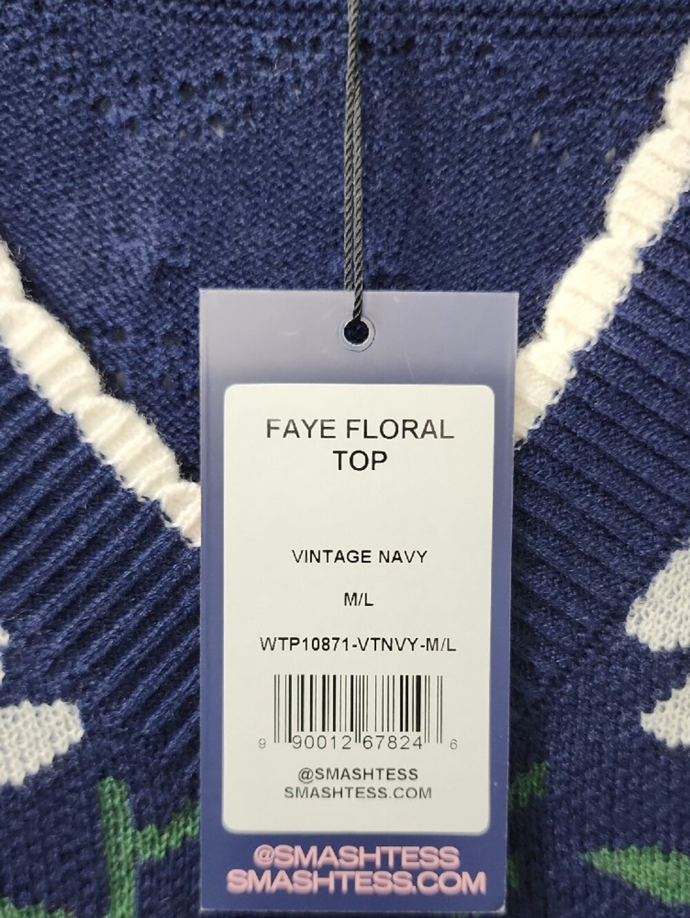 Smash + Tess Navy Floral V-Neck Short Sleeve Knit Top with White Trim - Picture 3 of 5